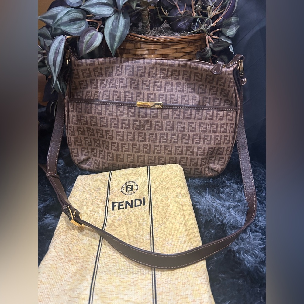 Fendi Brown Zucchino Coated Canvas Spalmati Messenger/Shoulder Bag-Made in Italy